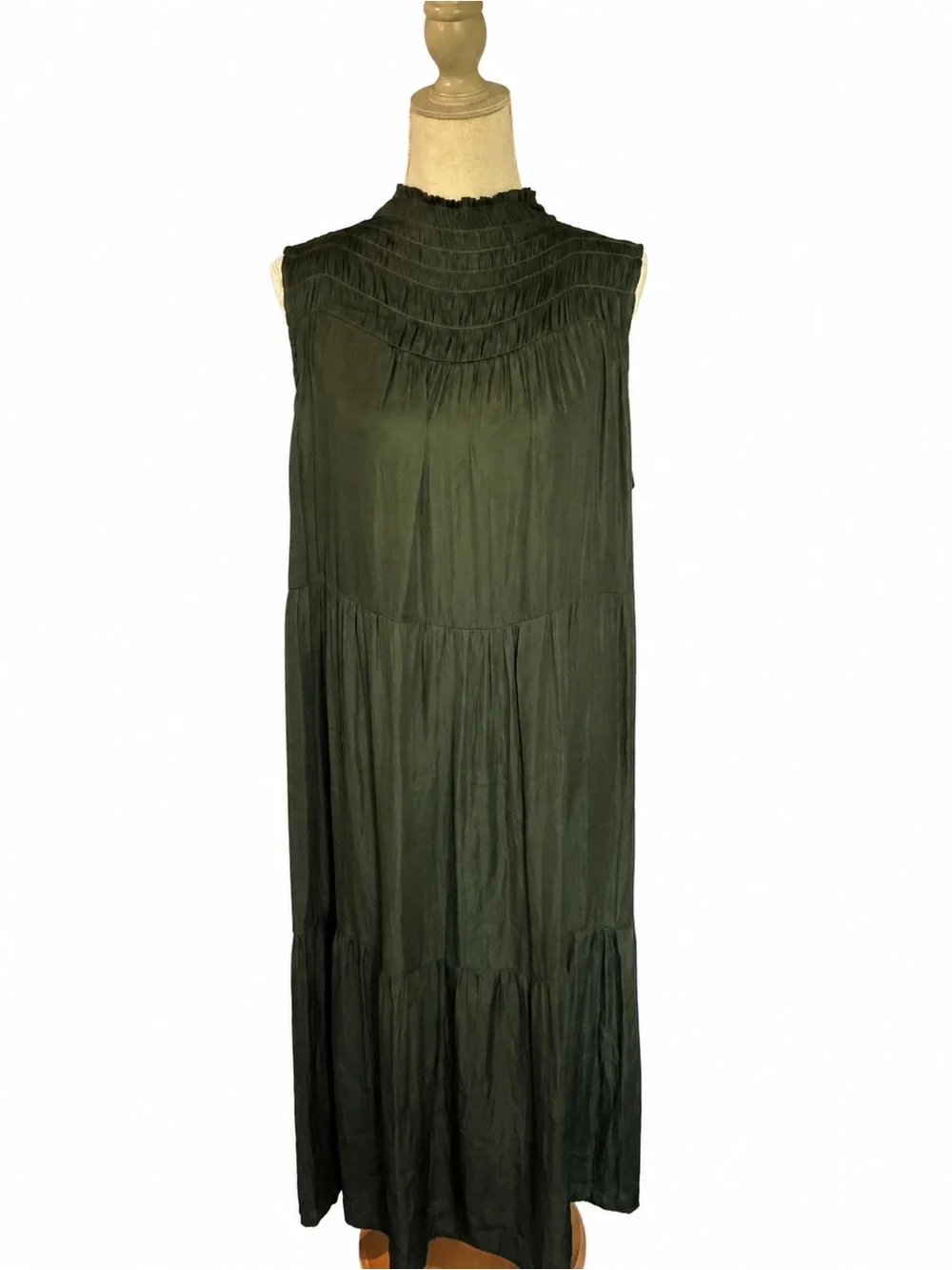 Grade & Gather Olive Shirred High-Neck Tiered Maxi Dress XL